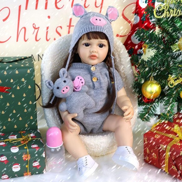 💫 Reborn Baby Doll Grey Piggy Soft Body Realistic Full Vinyl Body Gift Set Toy
